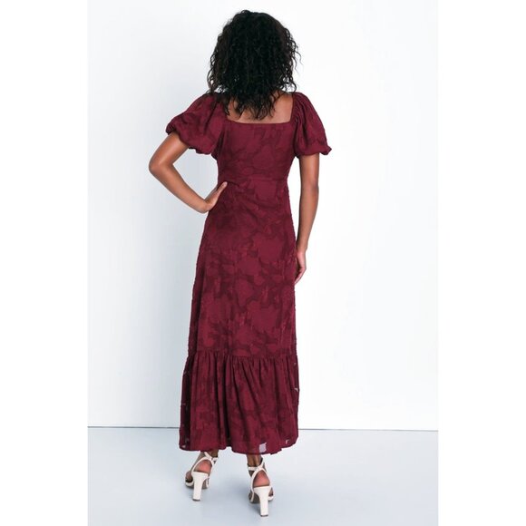 Lulus Everlasting Charm Floral Jacquard Midi Dress w/Button Front & Puff Sleeve - Picture 2 of 6